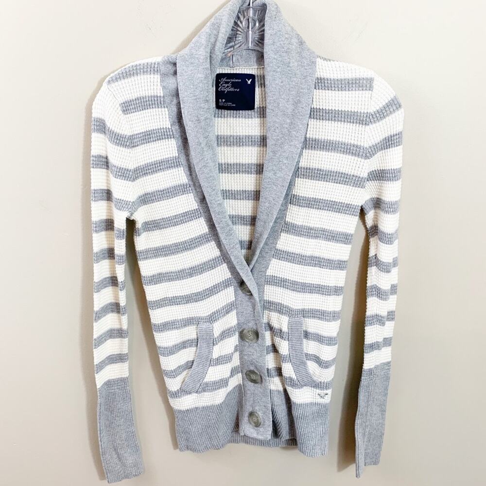 American Eagle Striped Waffle Button-Down Cardigan